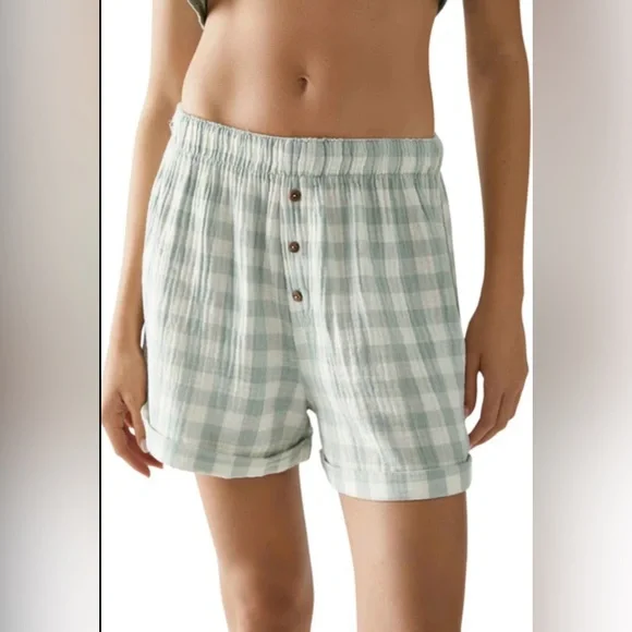NWT: FREE PEOPLE Sunday Morning Boxer Aqua Gingham Size Large - Picture 1 of 9
